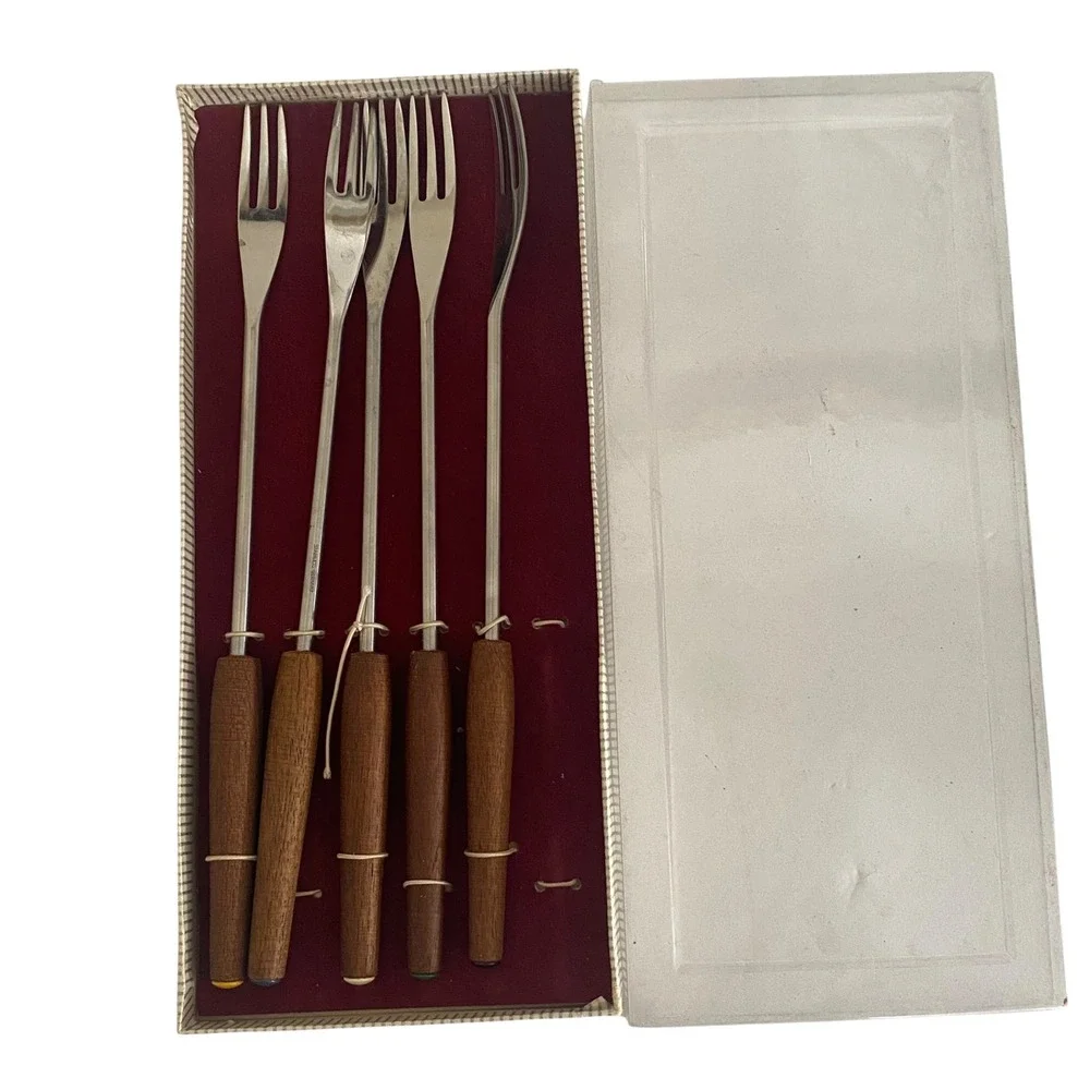 Vtg West Germany Fondue Forks 5 Teak Wood Handle Stainless Steel‎ MCM Color Ends